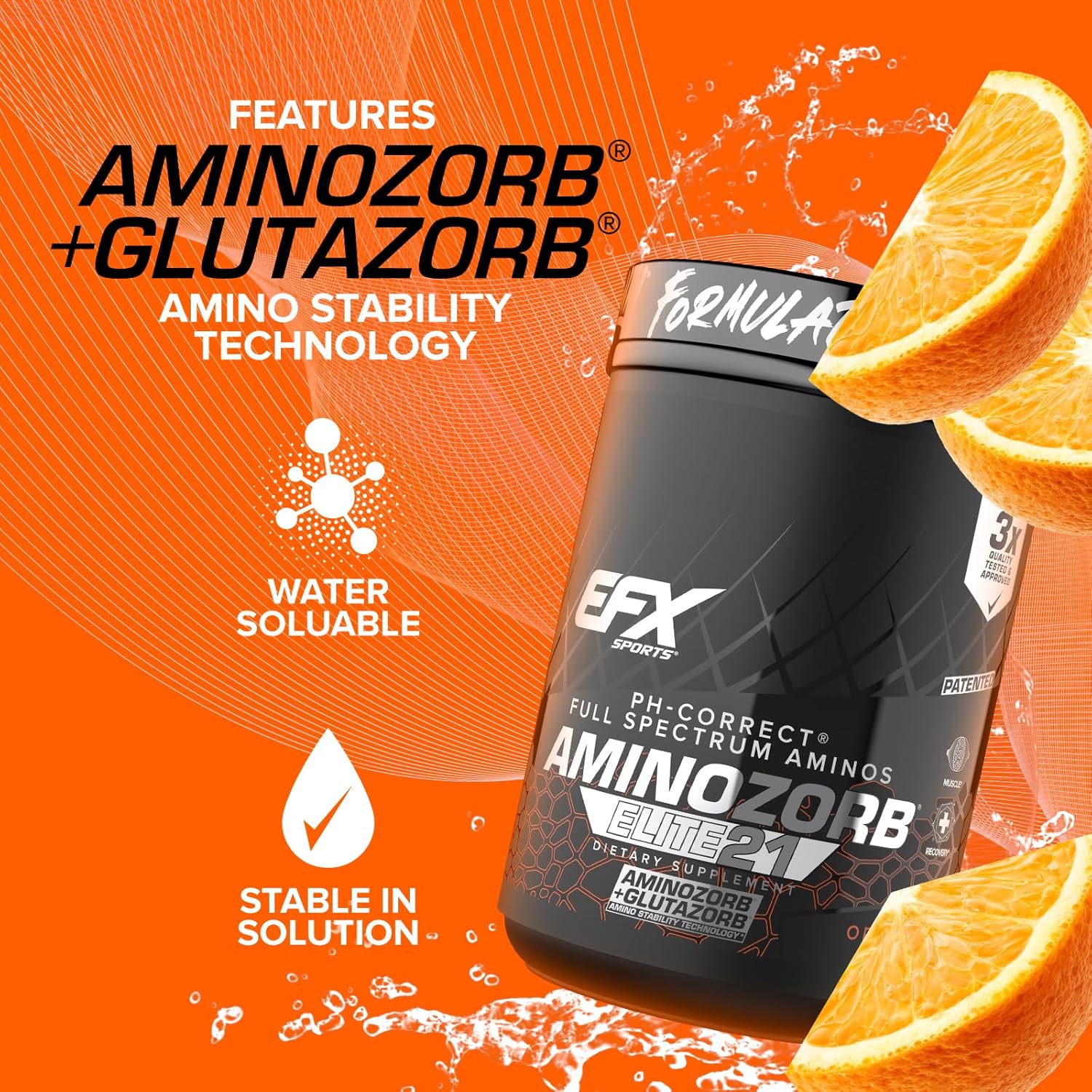 EFX Sports Aminozorb Elite 21 Orange Splash - PH-Correct Full Spectrum Amino Blend with Glutamine - 30 Servings, No Sugar