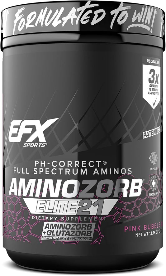 EFX Sports Aminozorb Elite 21 Pink Bubblegum - PH-Correct, Full Spectrum Amino Acids with Glutamine - Non-Essential & Essential Aminos - Zero Sugars - 30 Servings