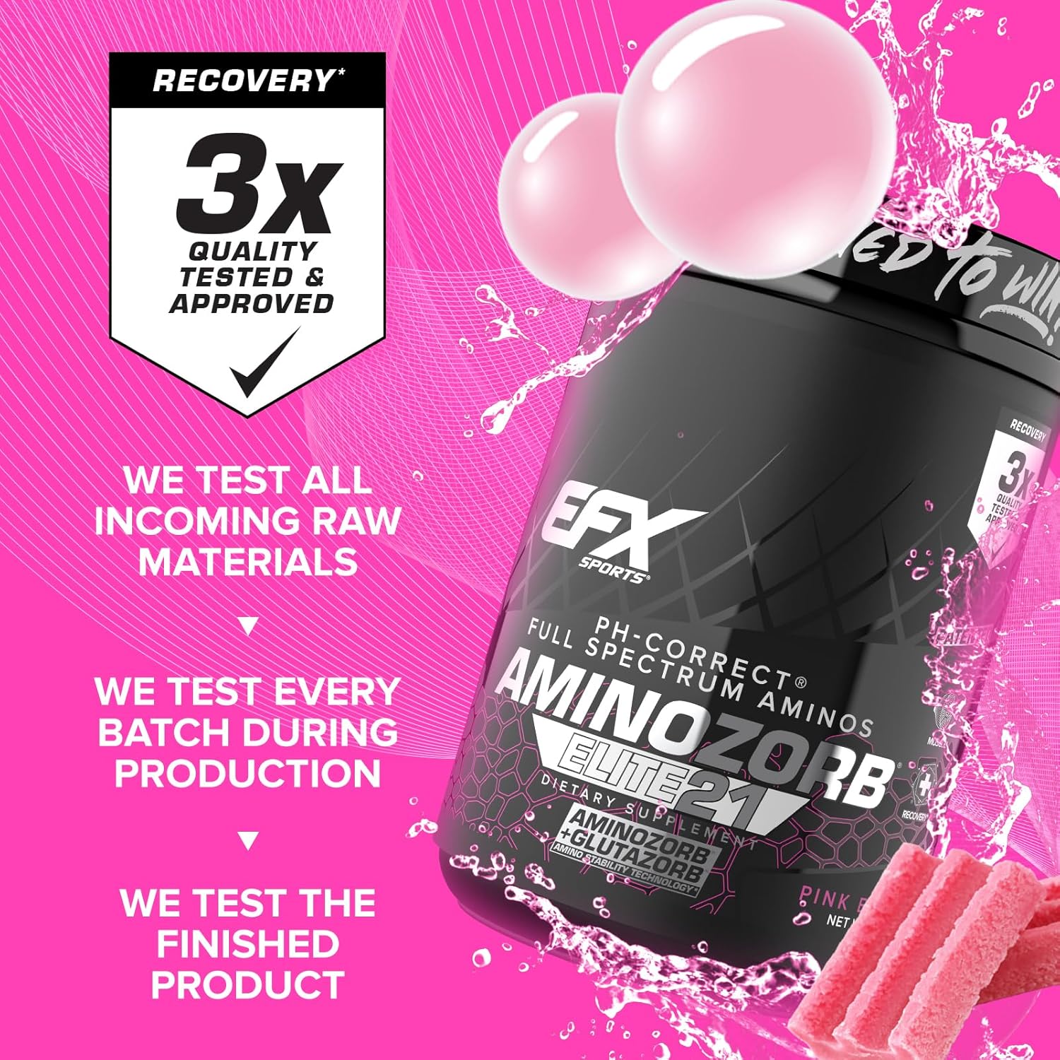 EFX Sports Aminozorb Elite 21 Pink Bubblegum - PH-Correct, Full Spectrum Amino Acids with Glutamine - Non-Essential & Essential Aminos - Zero Sugars - 30 Servings