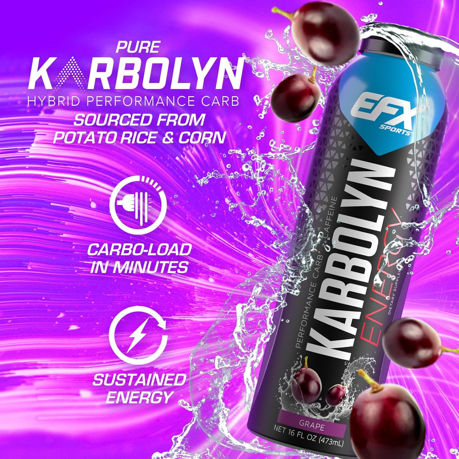EFX Sports Karbolyn Energy Drink - Sugar-Free Pre, Intra, Post Workout Carb Drink - 250mg Caffeine - Grape Flavor - 12 Pack