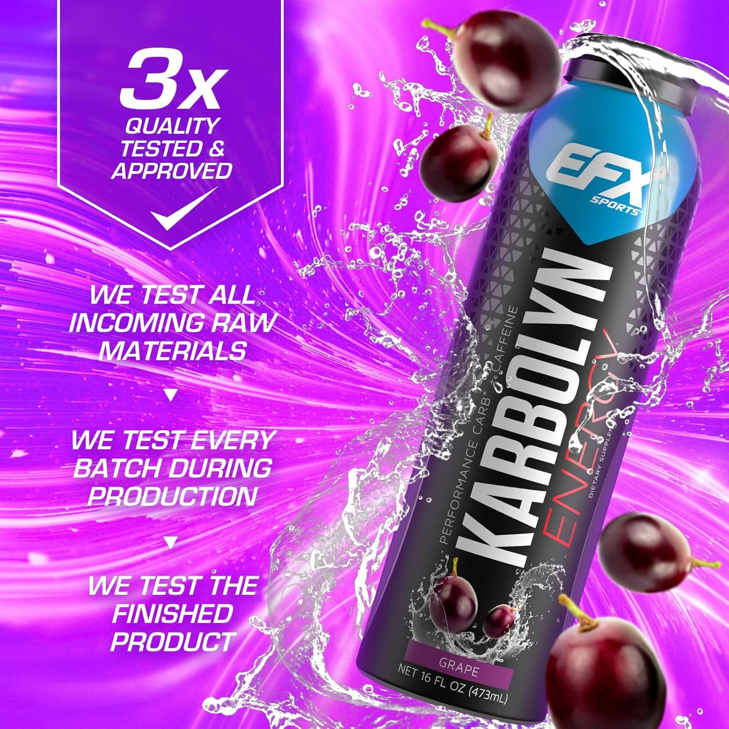 EFX Sports Karbolyn Energy Drink - Sugar-Free Pre, Intra, Post Workout Carb Drink - 250mg Caffeine - Grape Flavor - 12 Pack