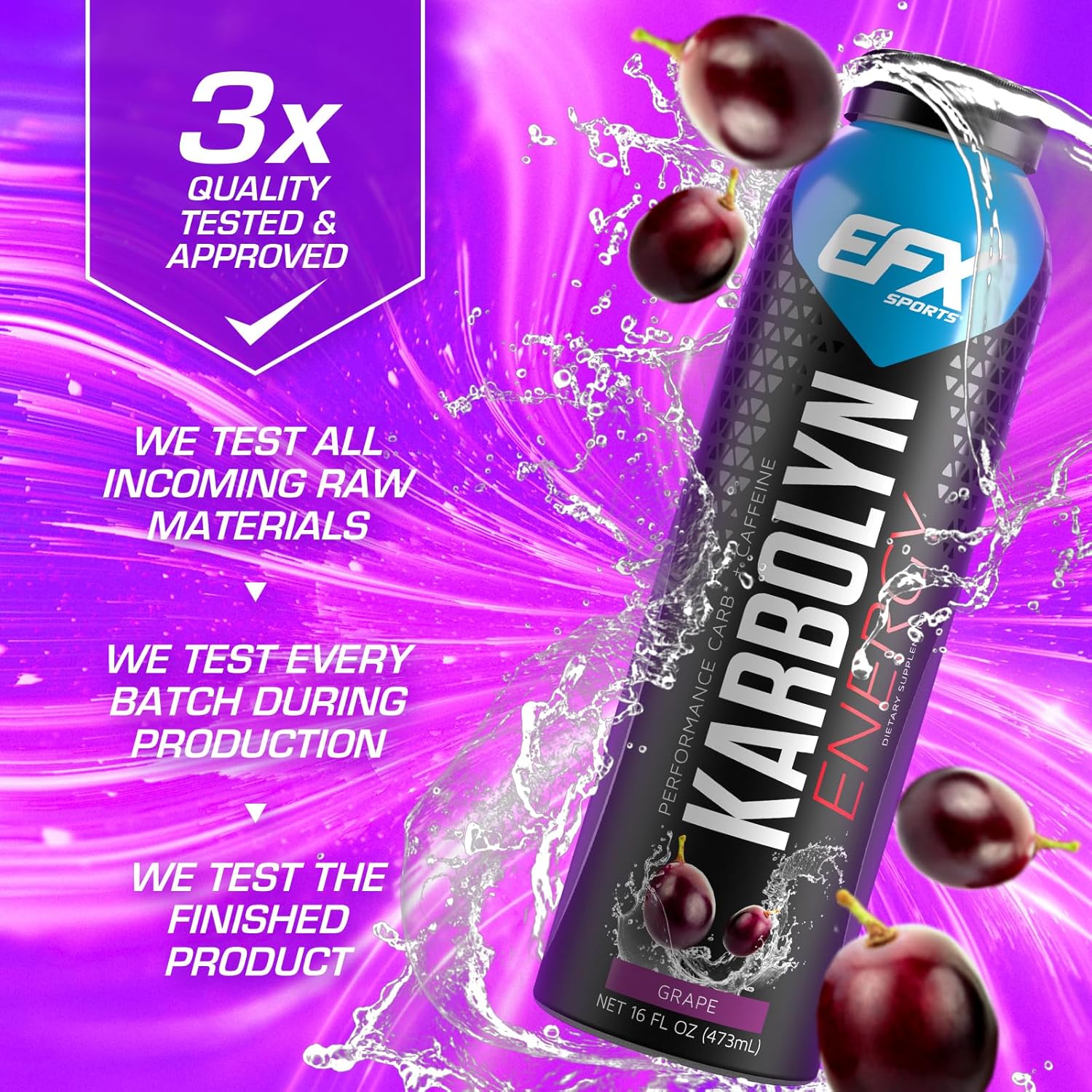 EFX Sports Karbolyn Energy Drink - Sugar-Free Pre, Intra, Post Workout Carb Drink - 250mg Caffeine - Grape Flavor - 12 Pack