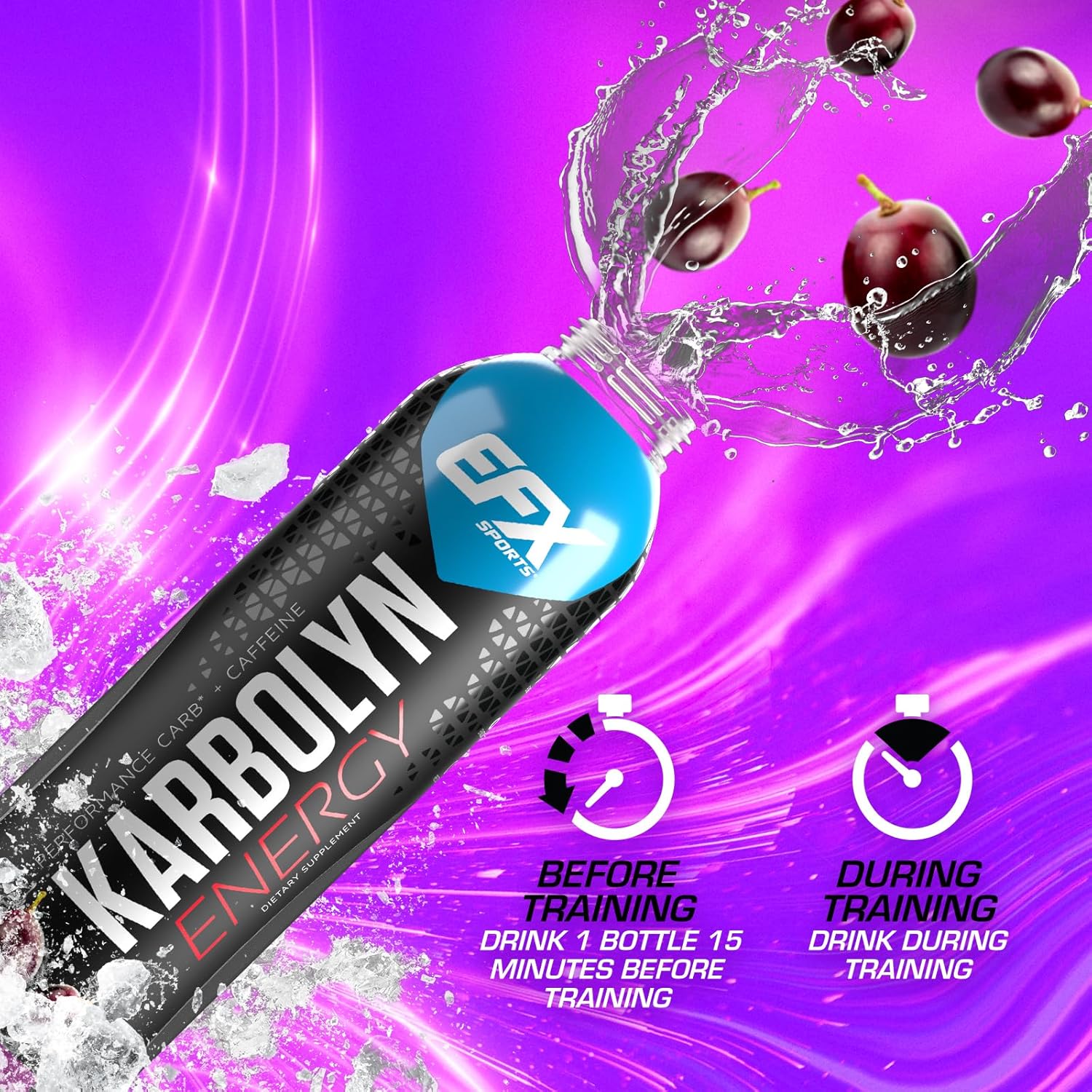 EFX Sports Karbolyn Energy Drink - Sugar-Free Pre, Intra, Post Workout Carb Drink - 250mg Caffeine - Grape Flavor - 12 Pack
