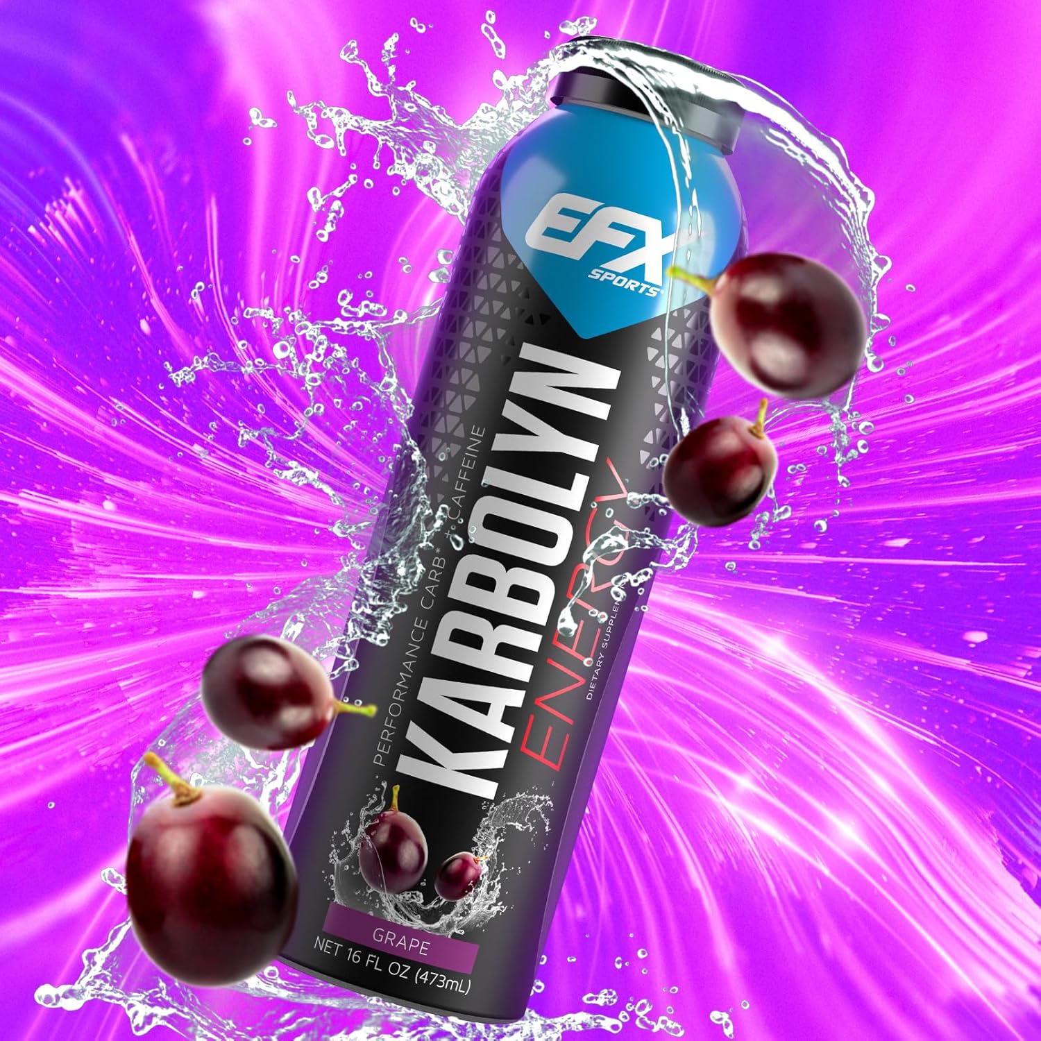 EFX Sports Karbolyn Energy Drink - Sugar-Free Pre, Intra, Post Workout Carb Drink - 250mg Caffeine - Grape Flavor - 12 Pack