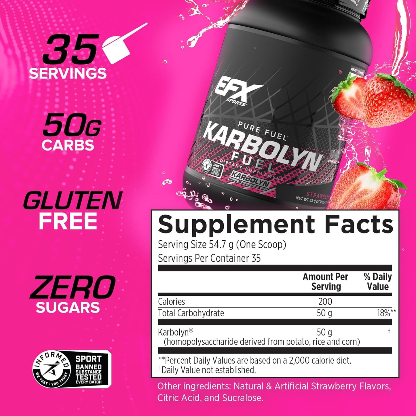EFX Sports Karbolyn Fuel - Fast-Absorbing Carbohydrate Powder for Carb Loading and Sustained Energy - Strawberry Flavor - 35 Servings