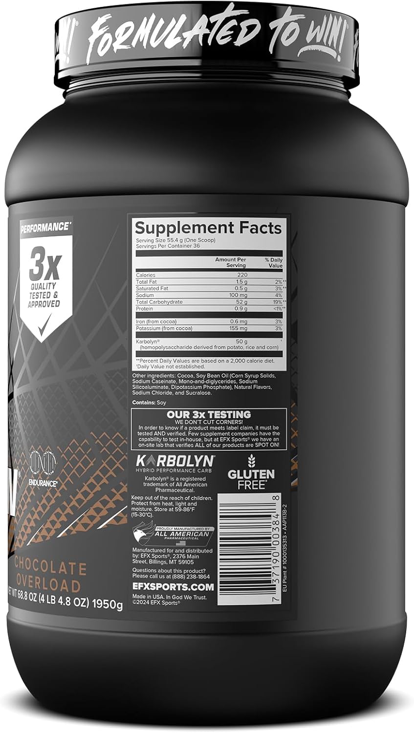 EFX Sports Karbolyn Fuel Carb Powder - Chocolate Overload - 36 Servings - Fast Absorbing, Sustained Energy, Quick Recovery - Stimulant Free