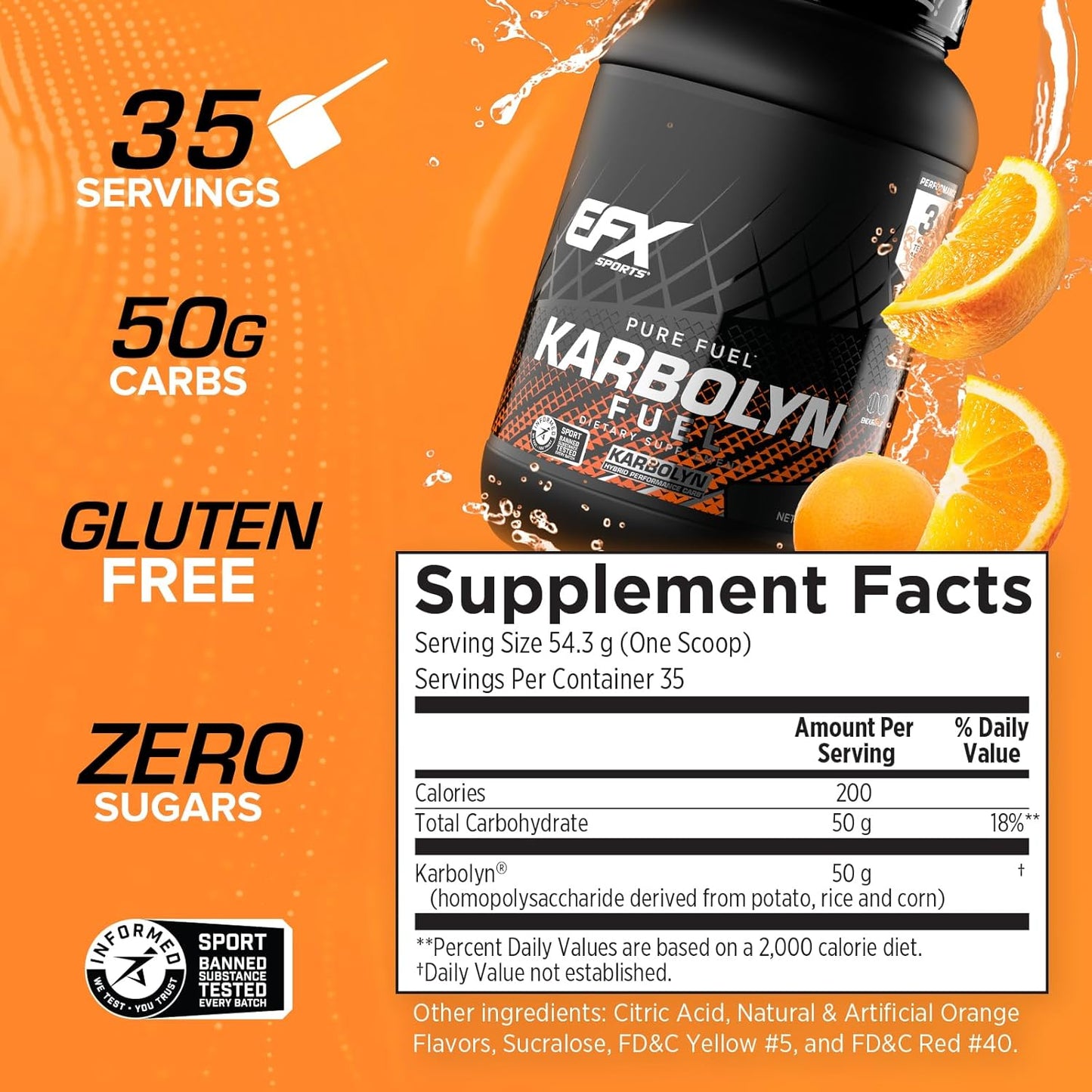 EFX Sports Karbolyn Fuel Carbohydrate Powder - Fast Absorption, Sustained Energy, Quick Recovery - Orange Flavor, 35 Servings
