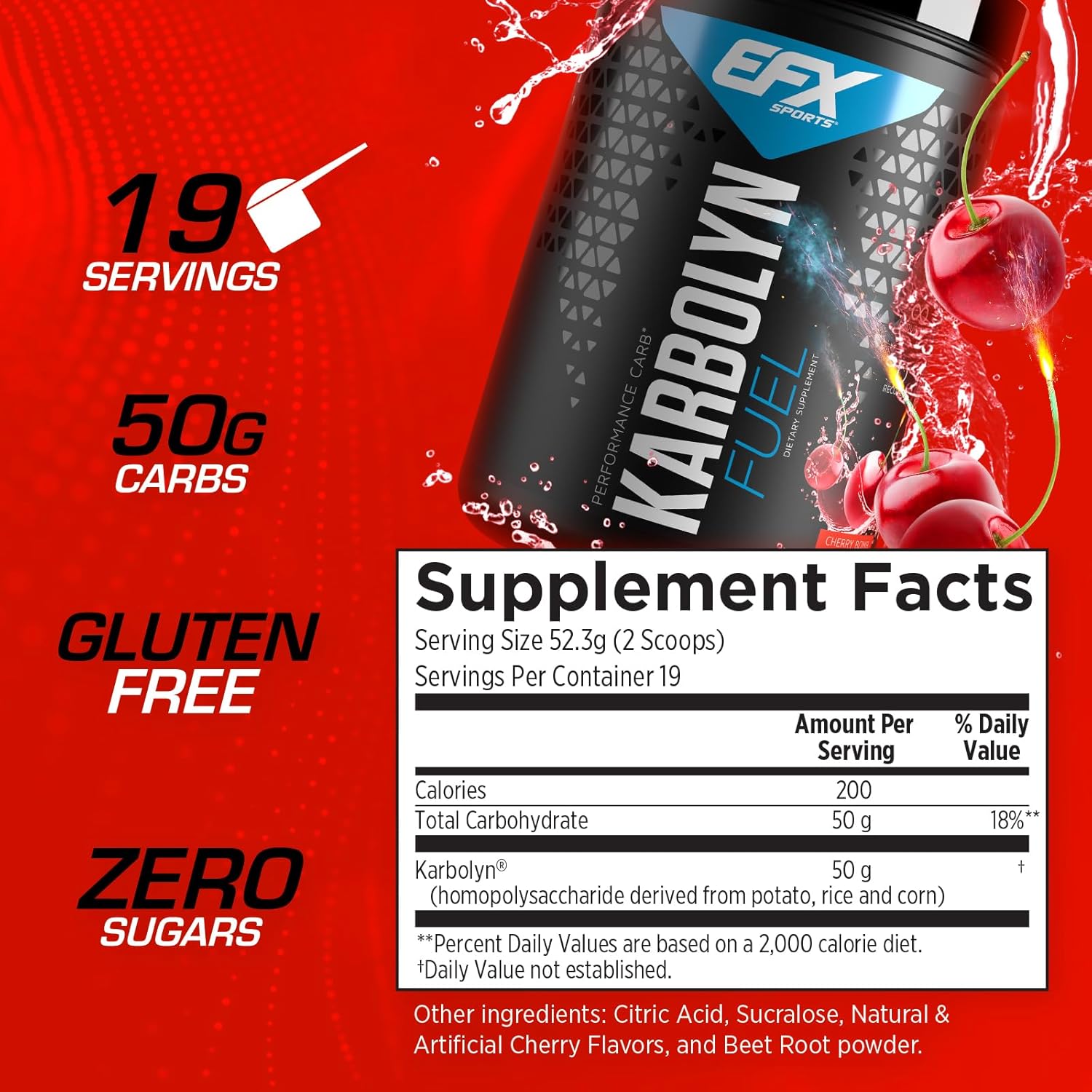 EFX Sports Karbolyn Fuel Cherry Bomb - Fast-Absorbing Carbohydrate Powder for Carb Loading, Energy, and Recovery - 19 Servings
