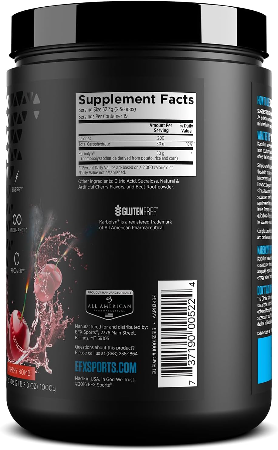 EFX Sports Karbolyn Fuel Cherry Bomb - Fast-Absorbing Carbohydrate Powder for Carb Loading, Energy, and Recovery - 19 Servings