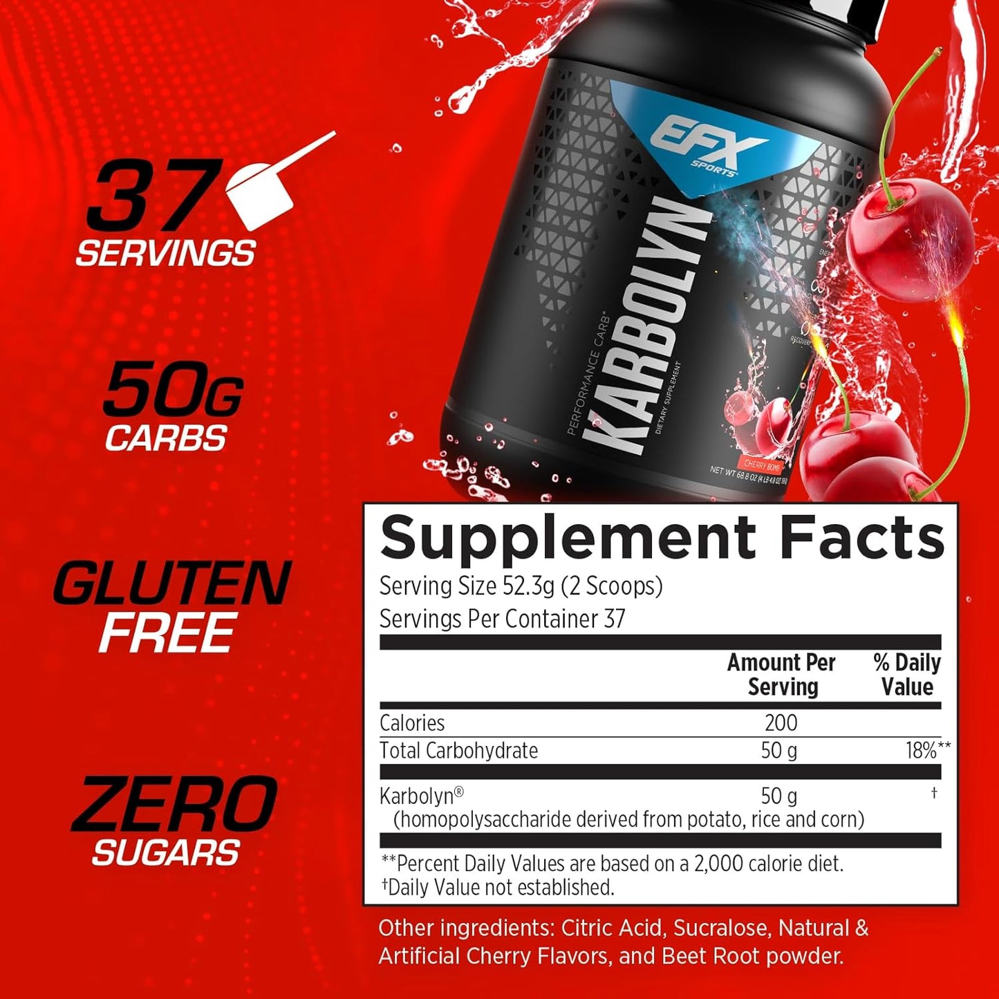 EFX Sports Karbolyn Fuel: Cherry Bomb Carbohydrate Powder for Carb Load, Energy, Recovery - 37 Servings