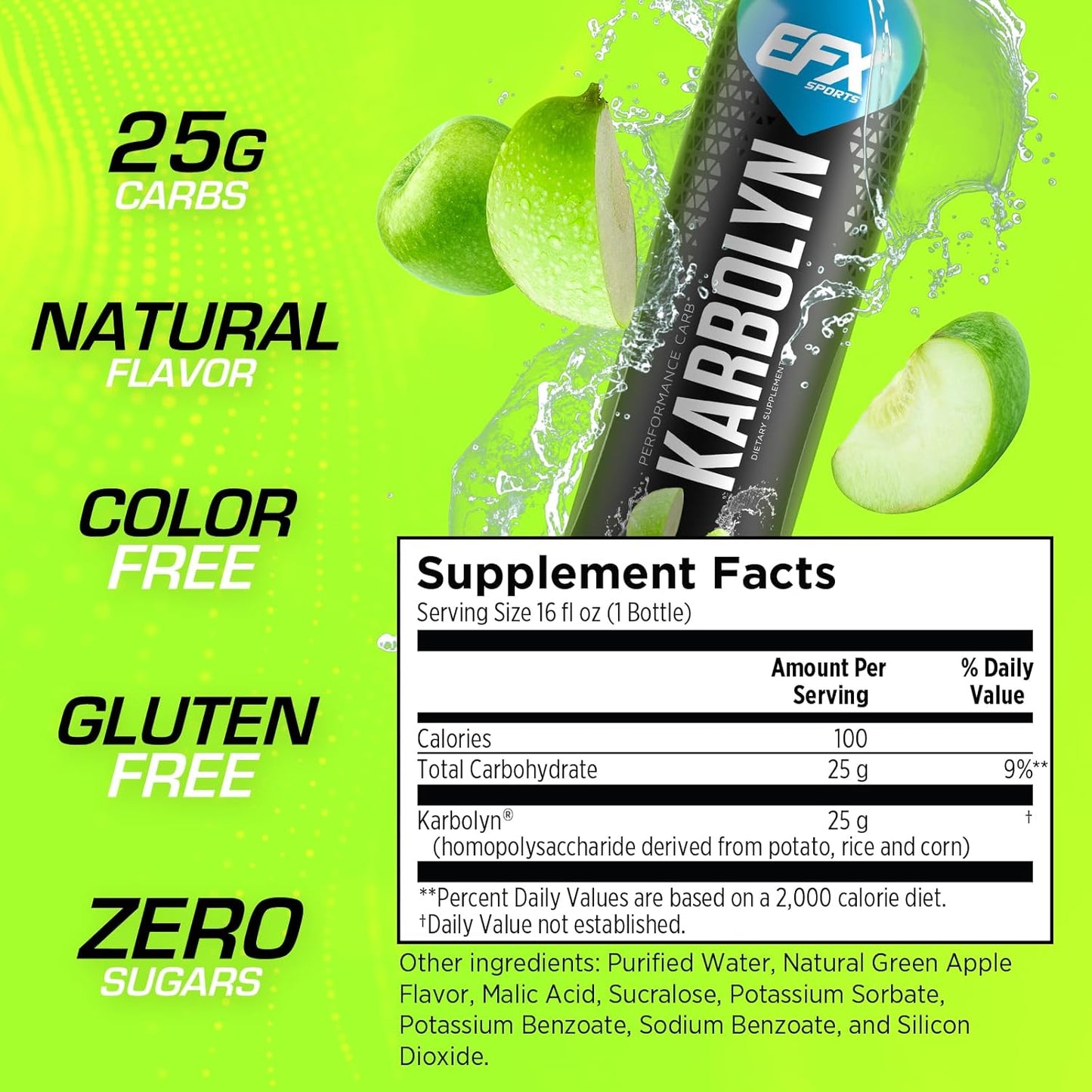 EFX Sports Karbolyn Fuel Drink - Carb Load for Sustained Energy | Pre, Intra, Post Workout | Green Apple Flavor | 12 Pack
