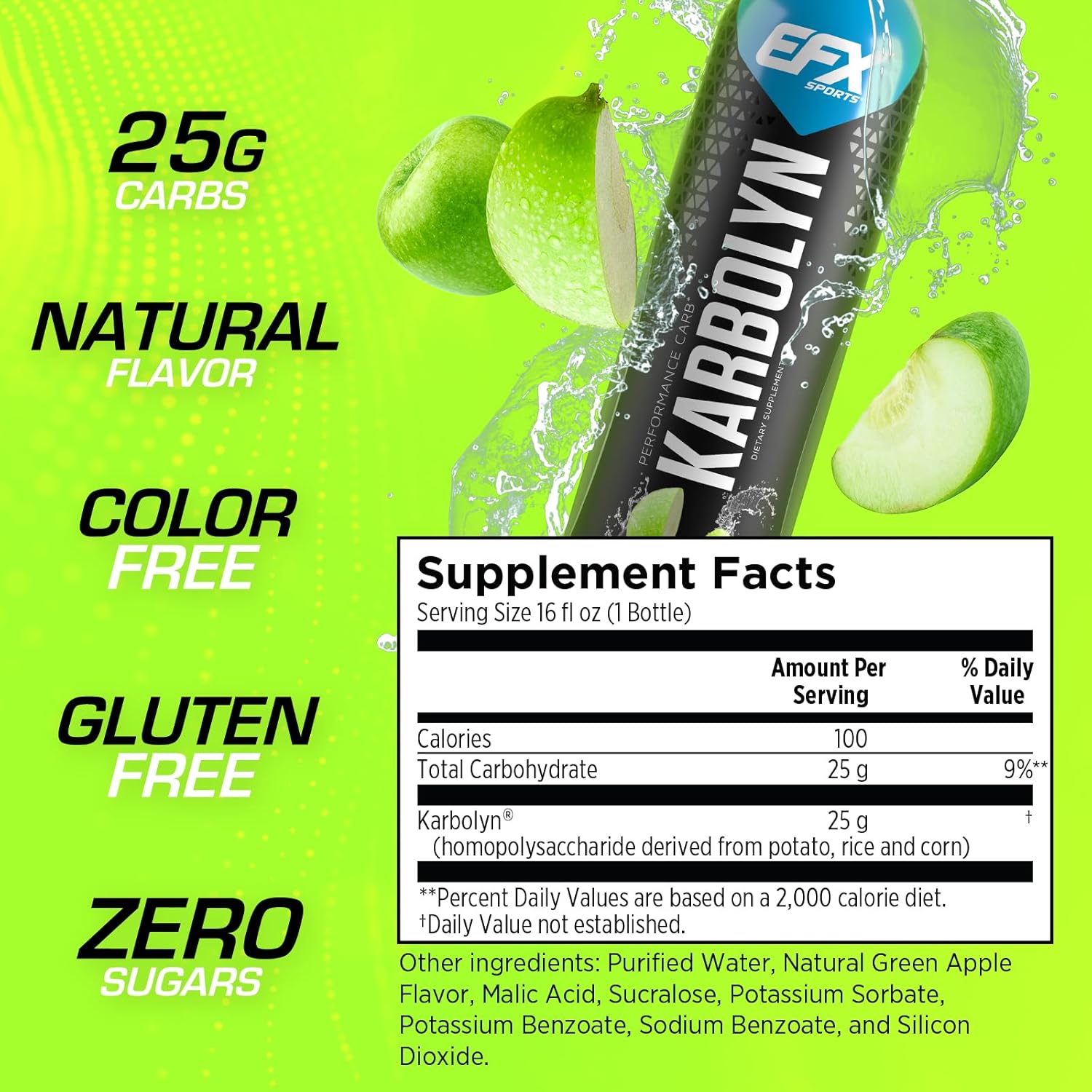 EFX Sports Karbolyn Fuel Drink - Carb Load for Sustained Energy | Pre, Intra, Post Workout | Green Apple Flavor | 12 Pack