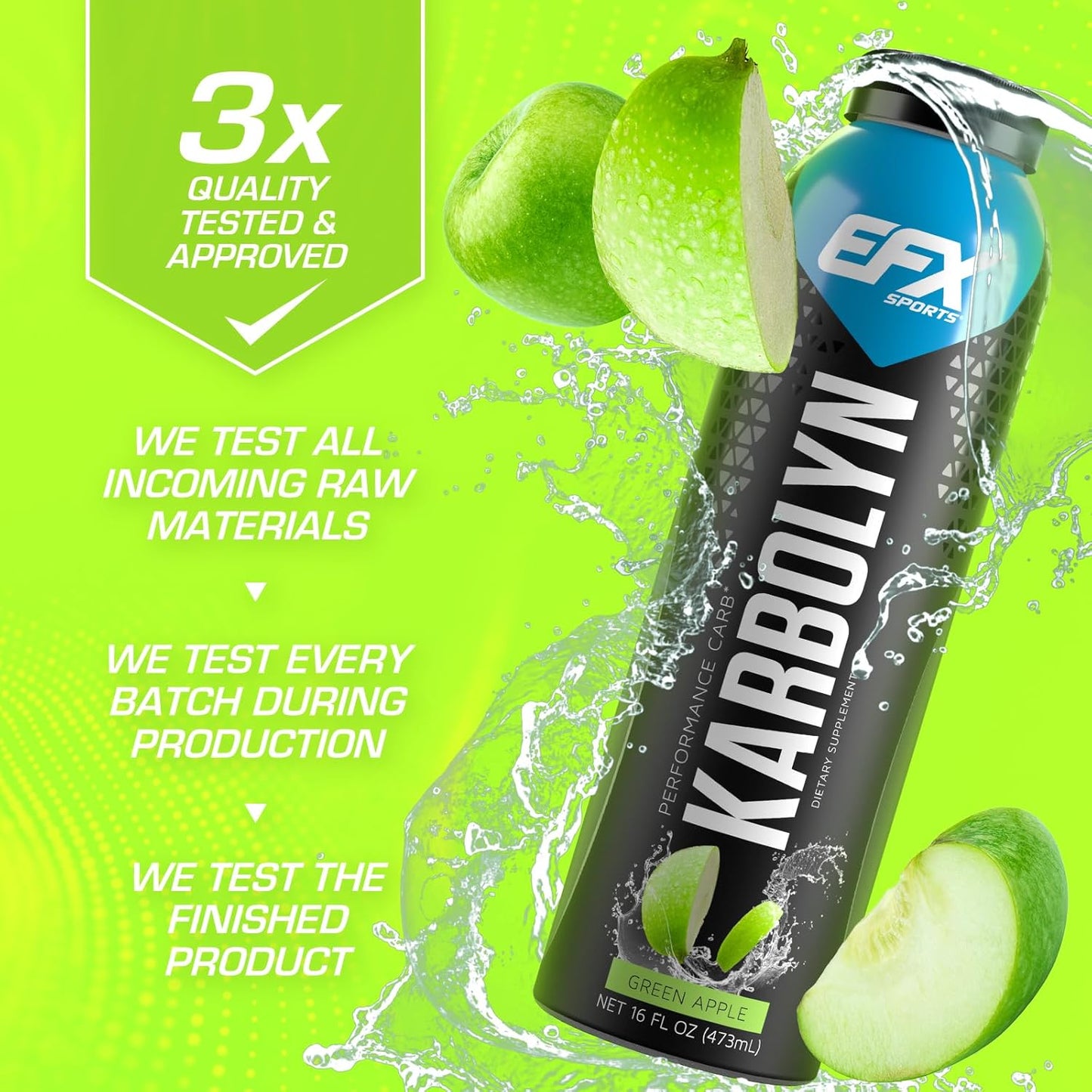 EFX Sports Karbolyn Fuel Drink - Carb Load for Sustained Energy | Pre, Intra, Post Workout | Green Apple Flavor | 12 Pack
