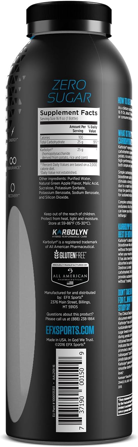 EFX Sports Karbolyn Fuel Drink - Carb Load for Sustained Energy | Pre, Intra, Post Workout | Green Apple Flavor | 12 Pack