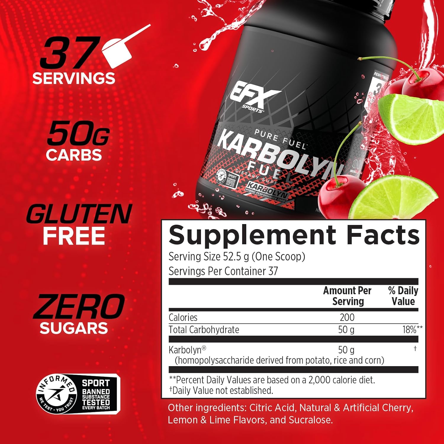 EFX Sports Karbolyn Fuel: Fast-Absorbing Carb Powder for Carb Loading & Sustained Energy - Cherry Limeade, 37 Servings