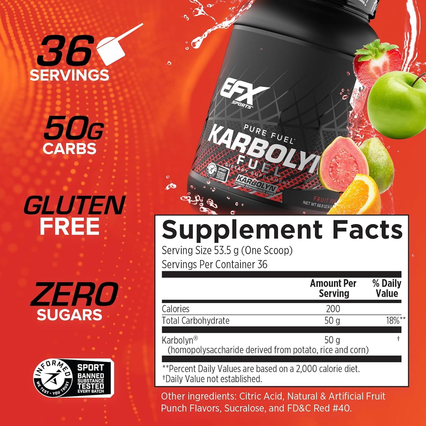 EFX Sports Karbolyn Fuel: Fast-Absorbing Carb Powder for Energy & Recovery - Fruit Punch Flavor - 36 Servings