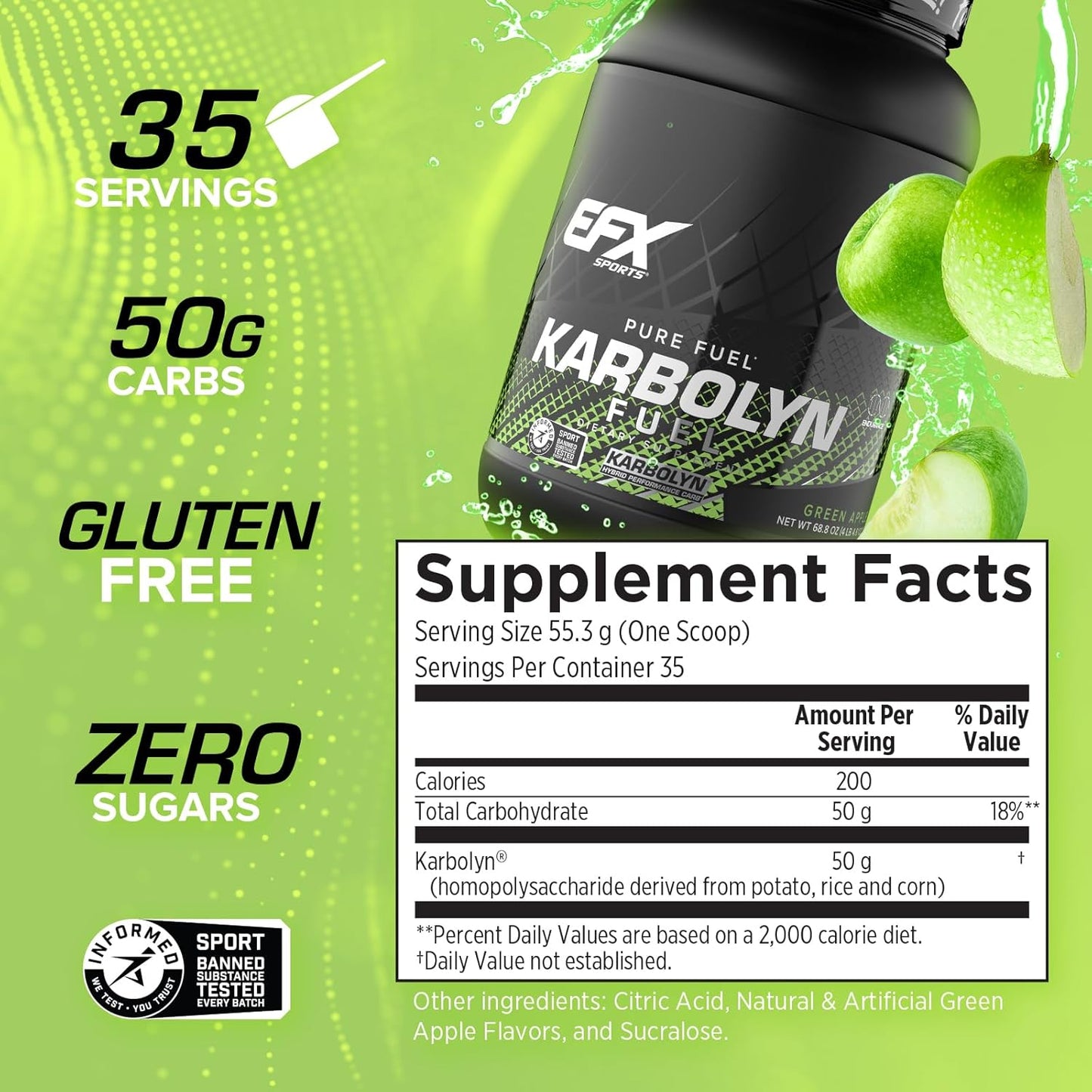 EFX Sports Karbolyn Fuel Green Apple Powder - Fast-Absorbing Carb Load for Sustained Energy & Recovery - 35 Servings