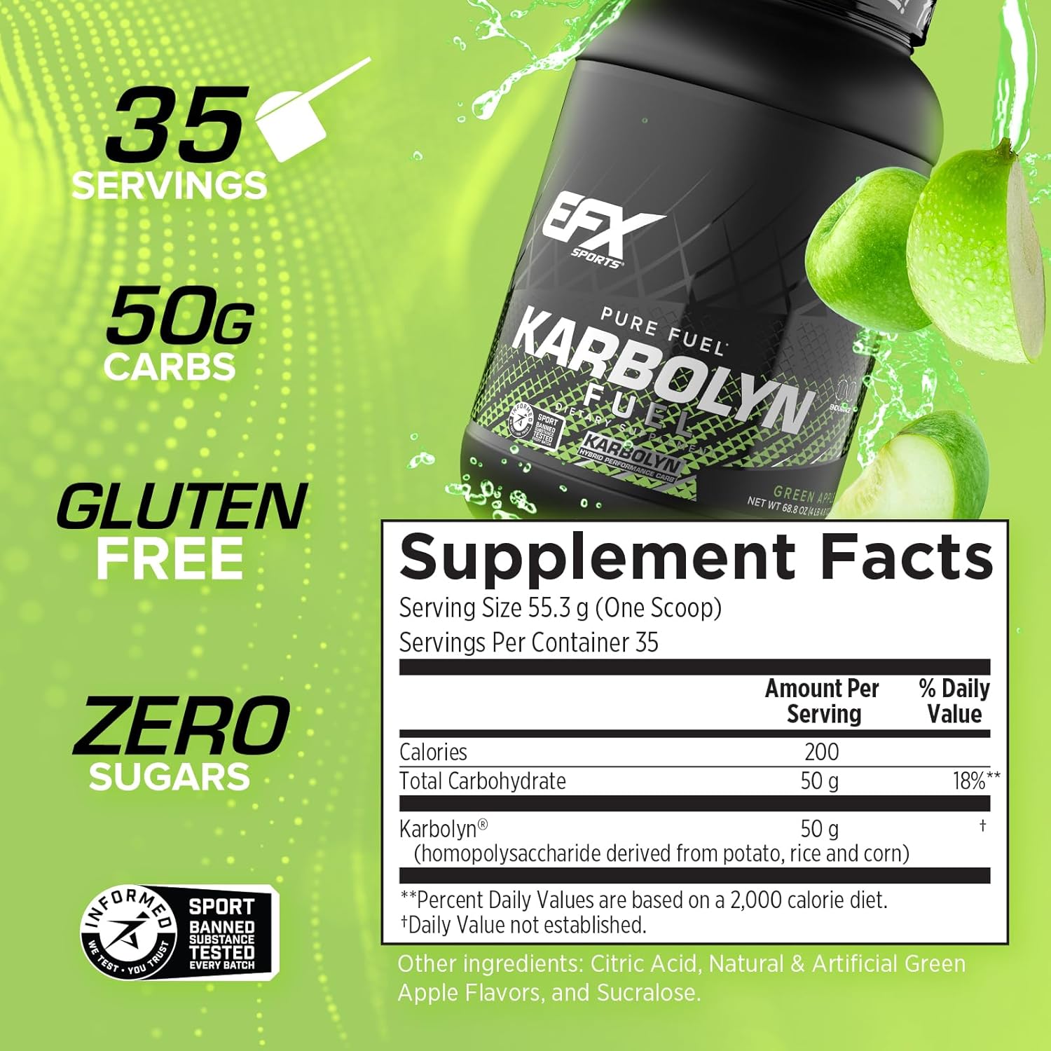 EFX Sports Karbolyn Fuel Green Apple Powder - Fast-Absorbing Carb Load for Sustained Energy & Recovery - 35 Servings