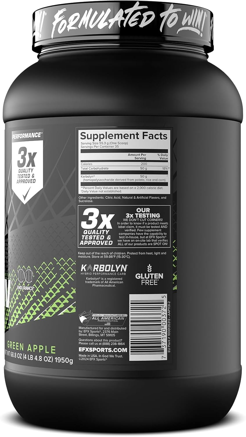 EFX Sports Karbolyn Fuel Green Apple Powder - Fast-Absorbing Carb Load for Sustained Energy & Recovery - 35 Servings