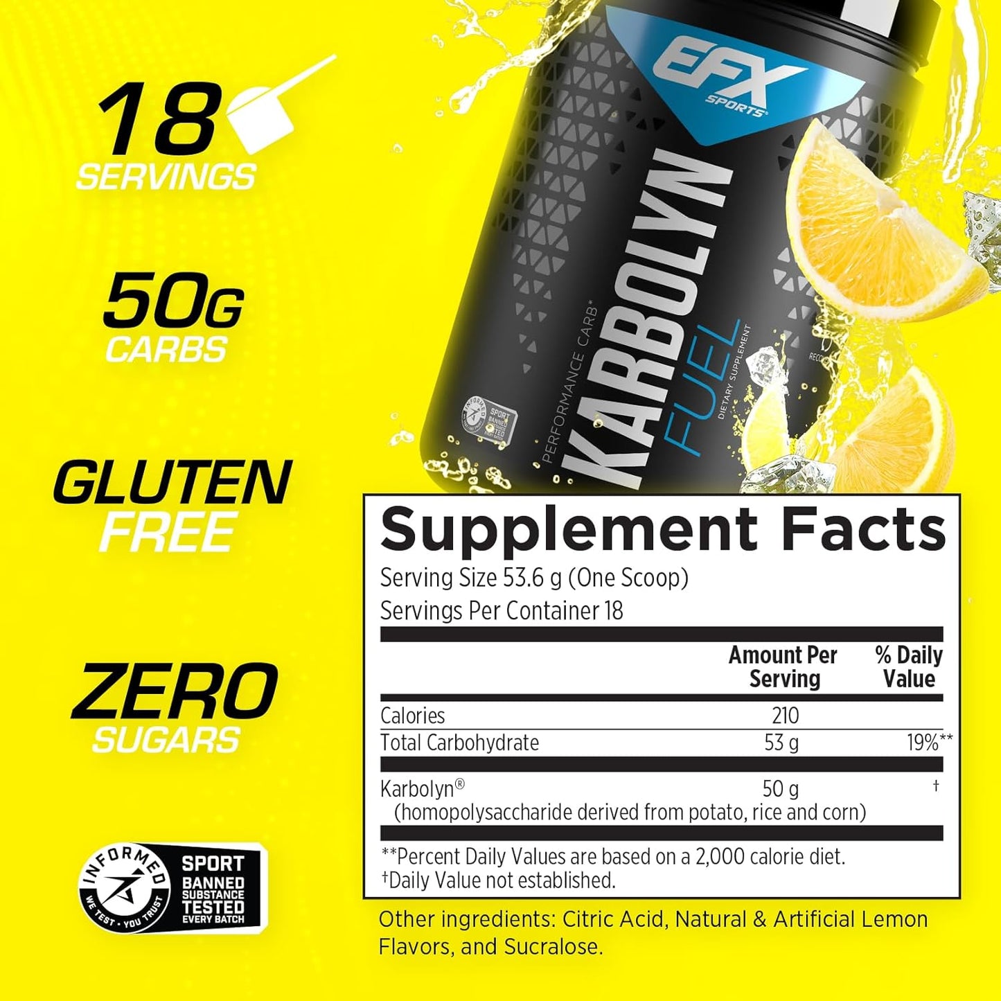 EFX Sports Karbolyn Fuel Lemon Ice - Fast-Absorbing Carb Powder for Energy & Recovery - Stimulant Free - 18 Servings