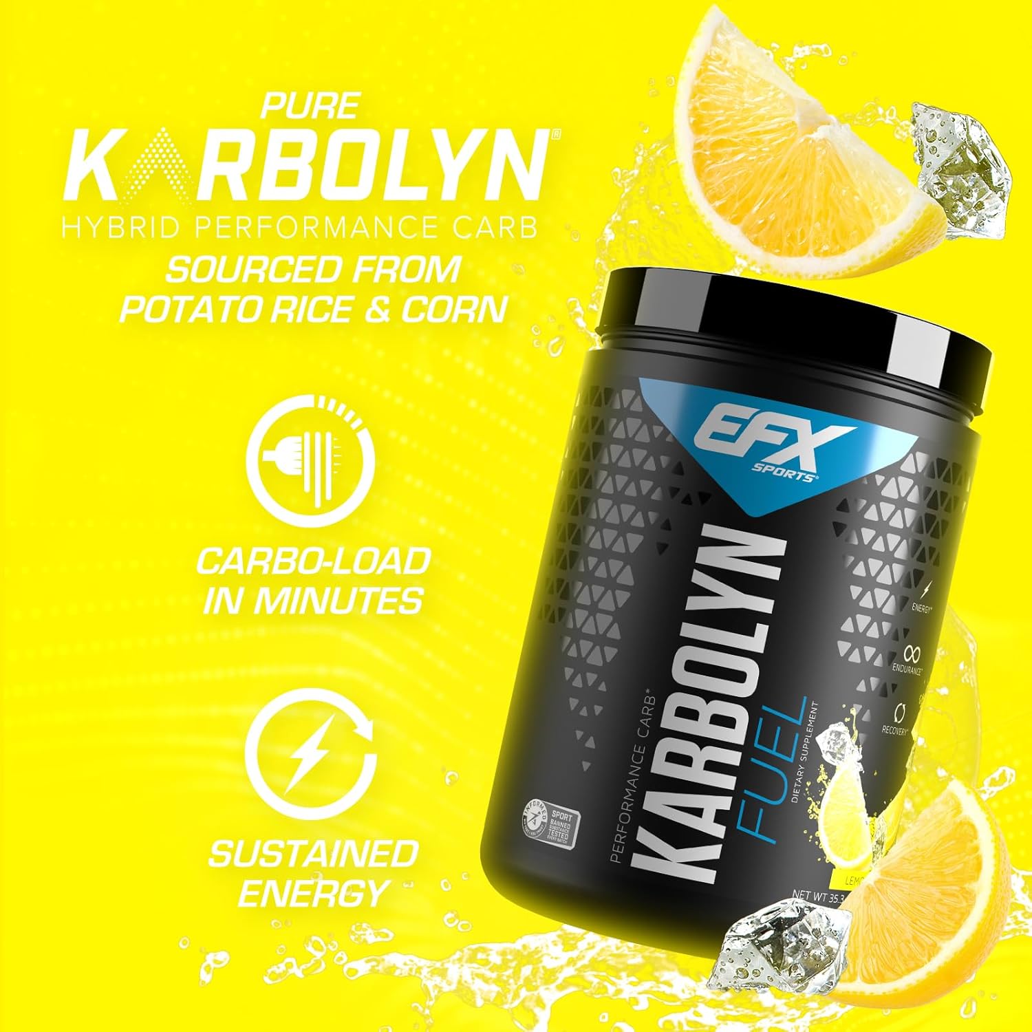 EFX Sports Karbolyn Fuel Lemon Ice - Fast-Absorbing Carb Powder for Energy & Recovery - Stimulant Free - 18 Servings