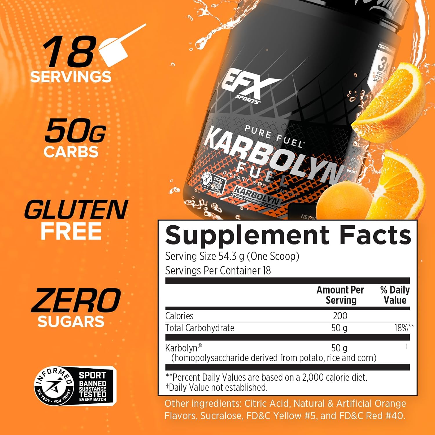 EFX Sports Karbolyn Fuel Powder - Fast-Absorbing Carbs for Energy & Recovery - Orange Flavor, 18 Servings