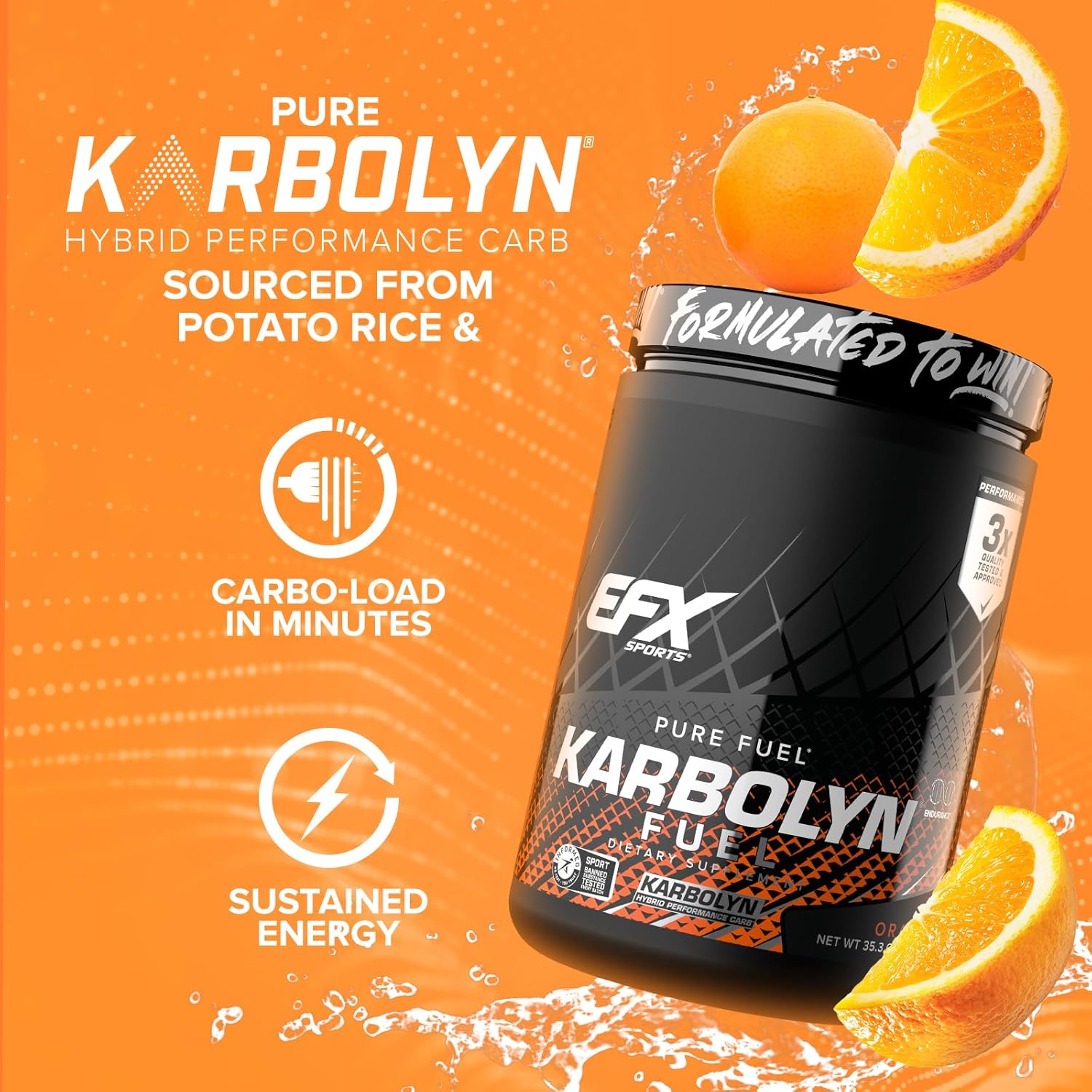EFX Sports Karbolyn Fuel Powder - Fast-Absorbing Carbs for Energy & Recovery - Orange Flavor, 18 Servings