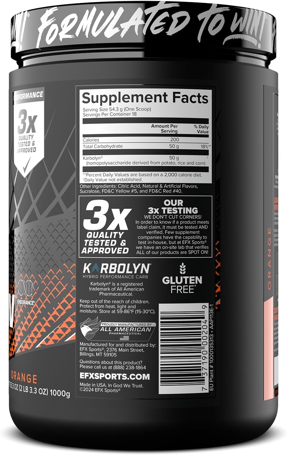 EFX Sports Karbolyn Fuel Powder - Fast-Absorbing Carbs for Energy & Recovery - Orange Flavor, 18 Servings