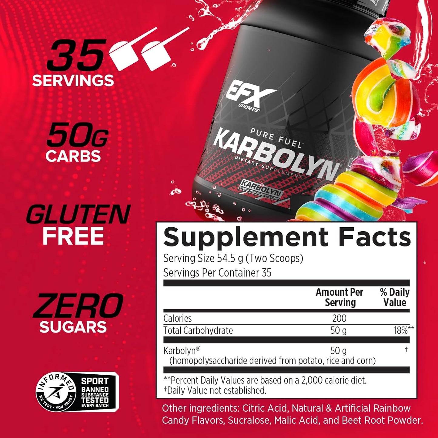 EFX Sports Karbolyn Fuel: Rainbow Candy Flavor - Fast-Absorbing Carb Powder for Energy & Recovery - 35 Servings