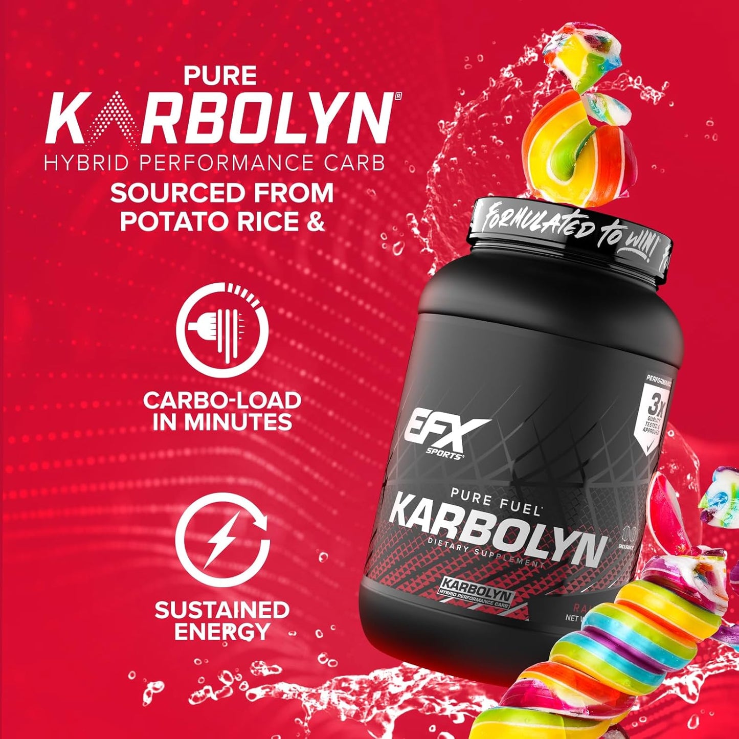 EFX Sports Karbolyn Fuel: Rainbow Candy Flavor - Fast-Absorbing Carb Powder for Energy & Recovery - 35 Servings