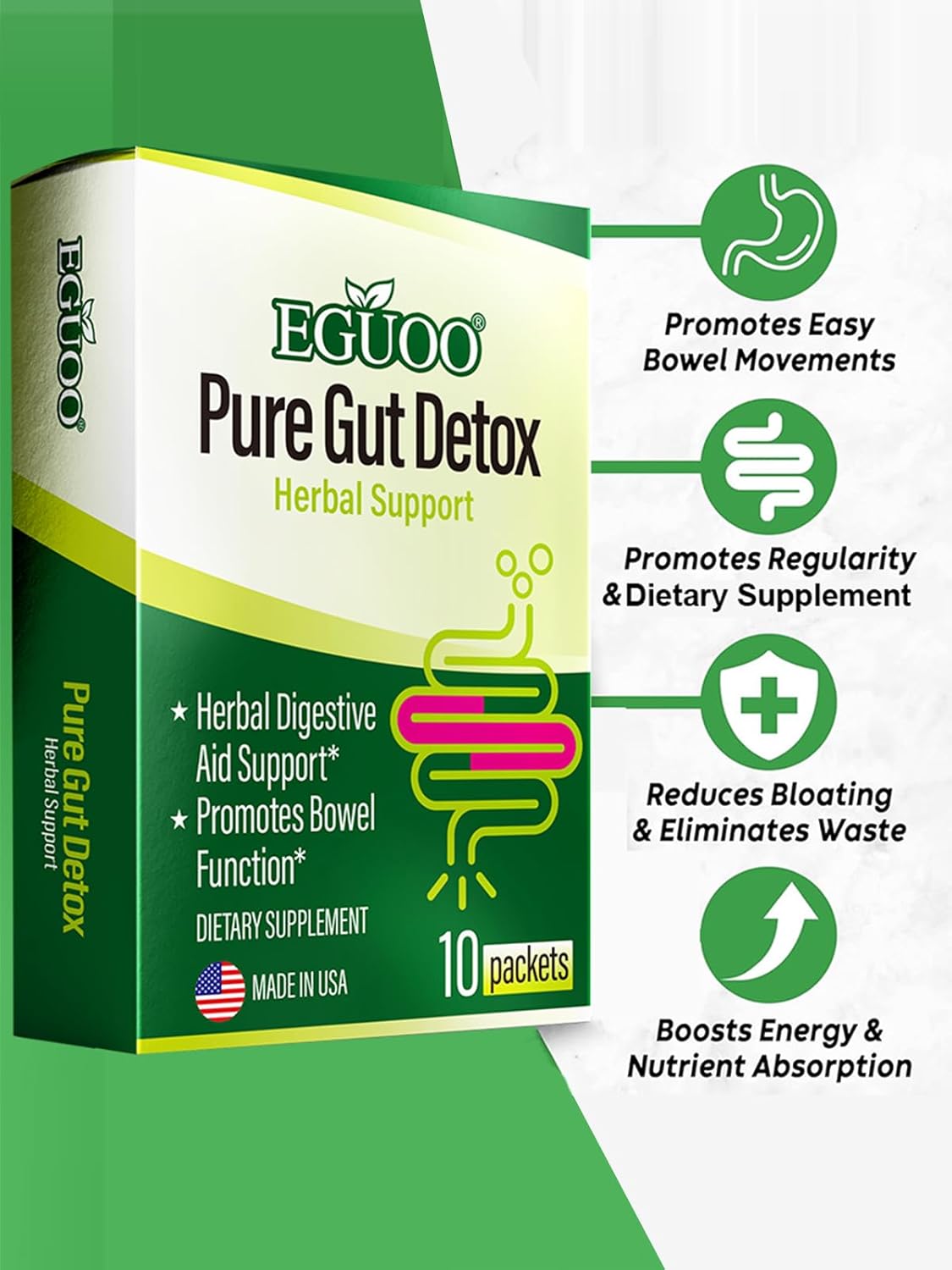 EGUOO Pure Gut Detox: Colon Cleanse for Men and Women - Bloating and Constipation Relief with Probiotics, Prebiotics, and Digestive Enzymes
