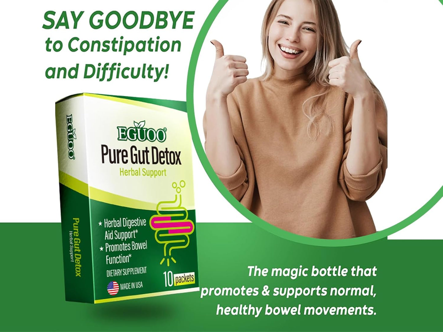 EGUOO Pure Gut Detox: Colon Cleanse for Men and Women - Bloating and Constipation Relief with Probiotics, Prebiotics, and Digestive Enzymes
