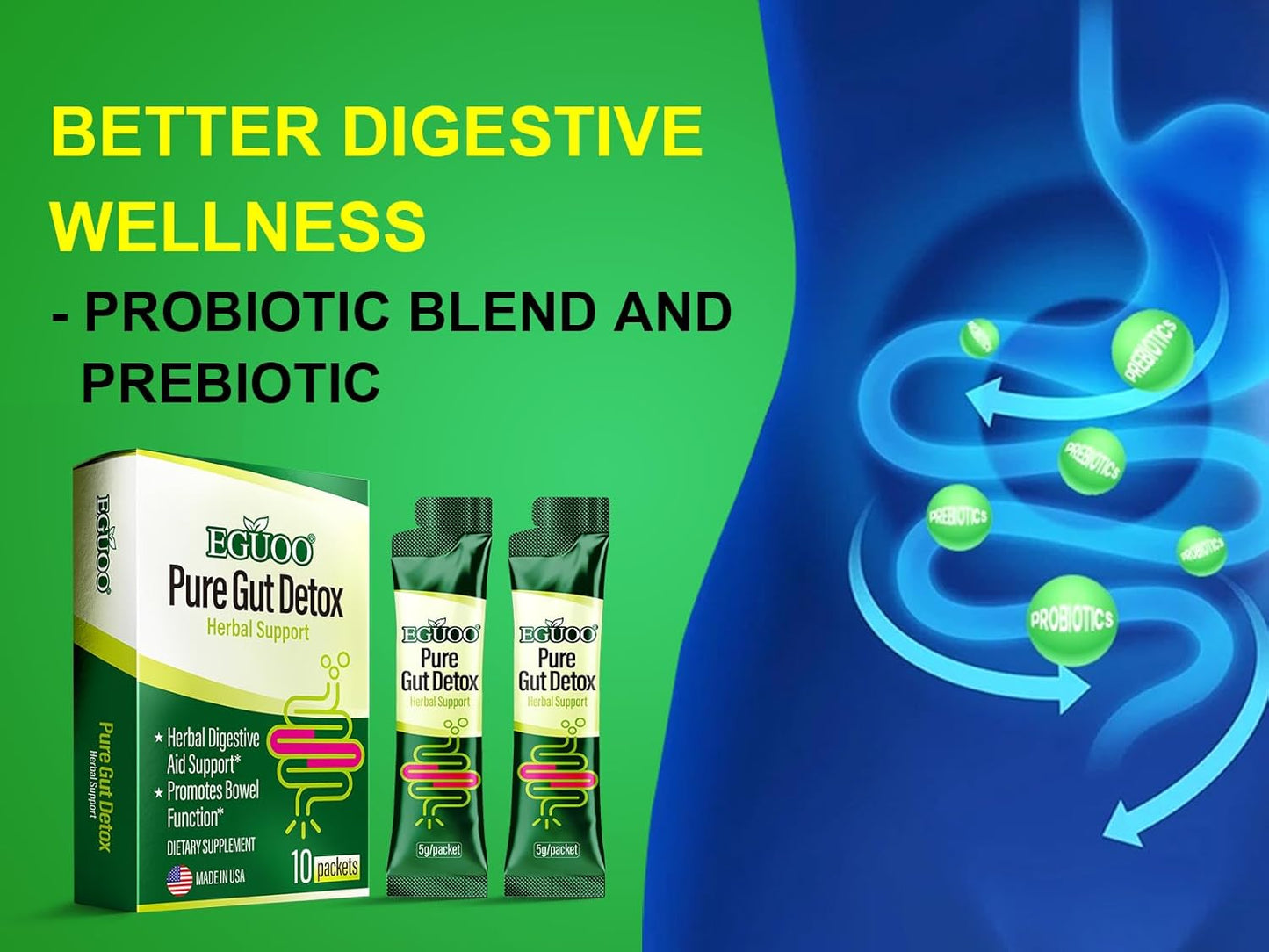 EGUOO Pure Gut Detox: Colon Cleanse for Men and Women - Bloating and Constipation Relief with Probiotics, Prebiotics, and Digestive Enzymes
