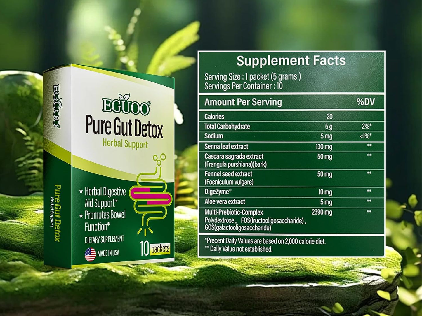 EGUOO Pure Gut Detox: Colon Cleanse for Men and Women - Bloating and Constipation Relief with Probiotics, Prebiotics, and Digestive Enzymes