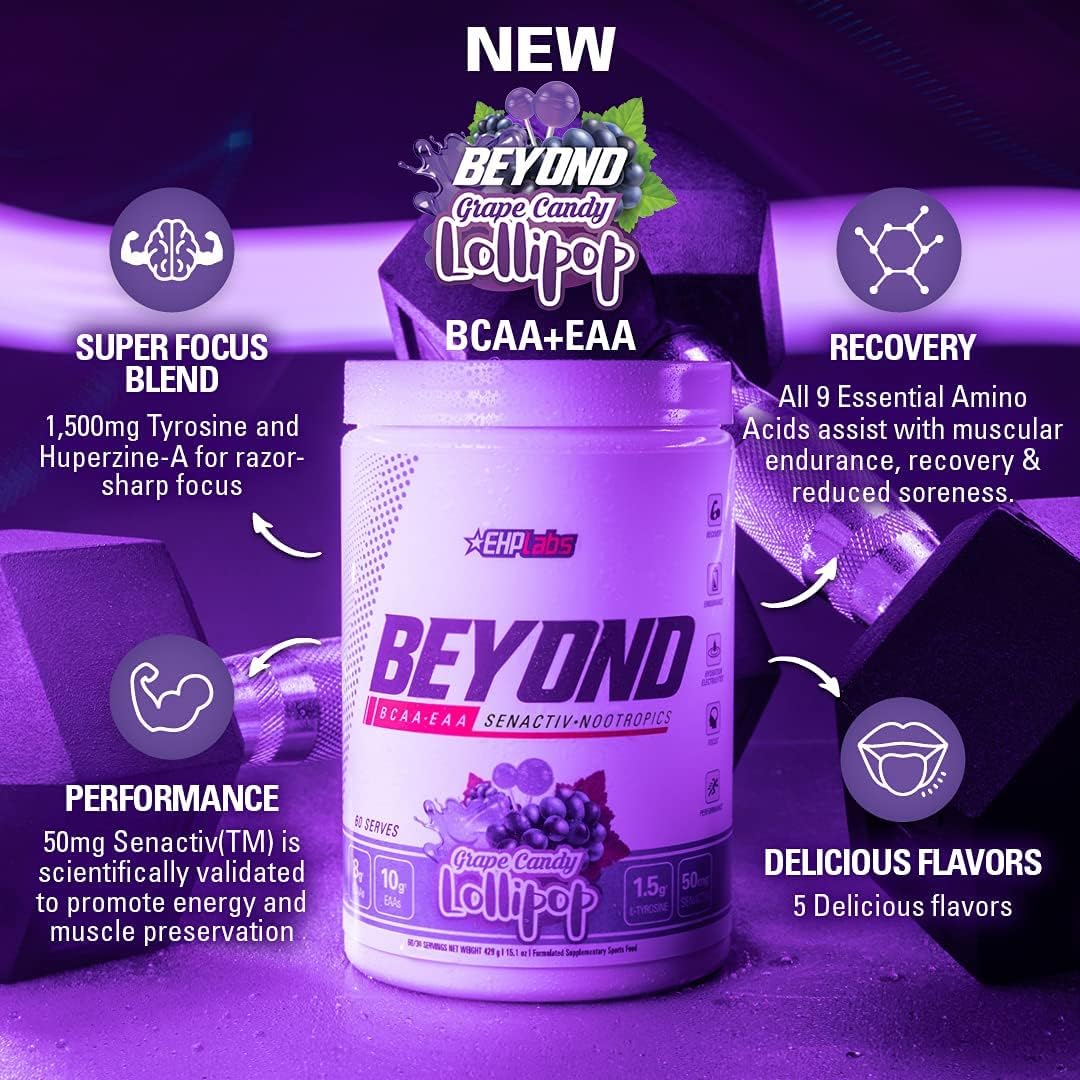 EHP Labs Beyond BCAA Powder: Grape Candy Lollipop Flavor - Essential Amino Acids for Post Workout Recovery, 60 Servings