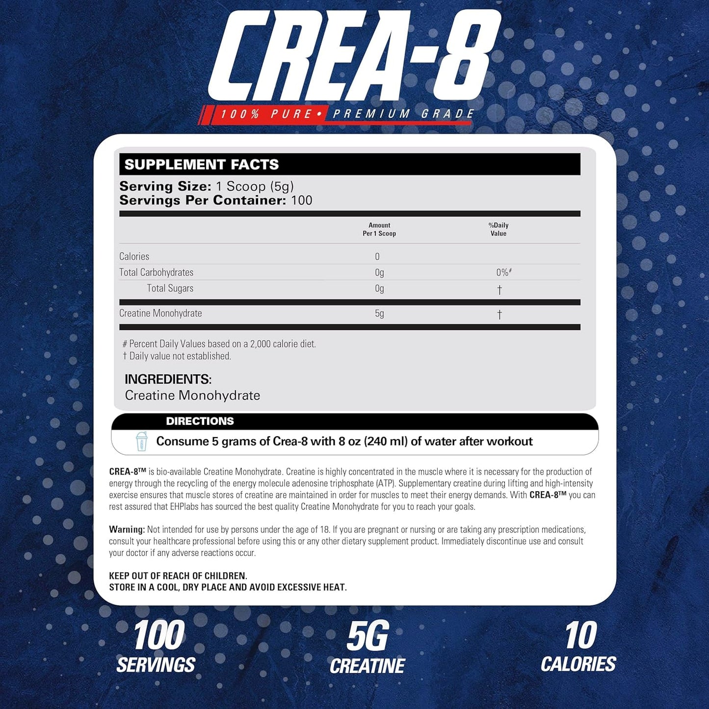 EHP Labs CREA-8 Micronized Creatine Monohydrate Powder - Unflavored, 100 Servings (500g) - Muscle Growth, Strength, Energy, Performance