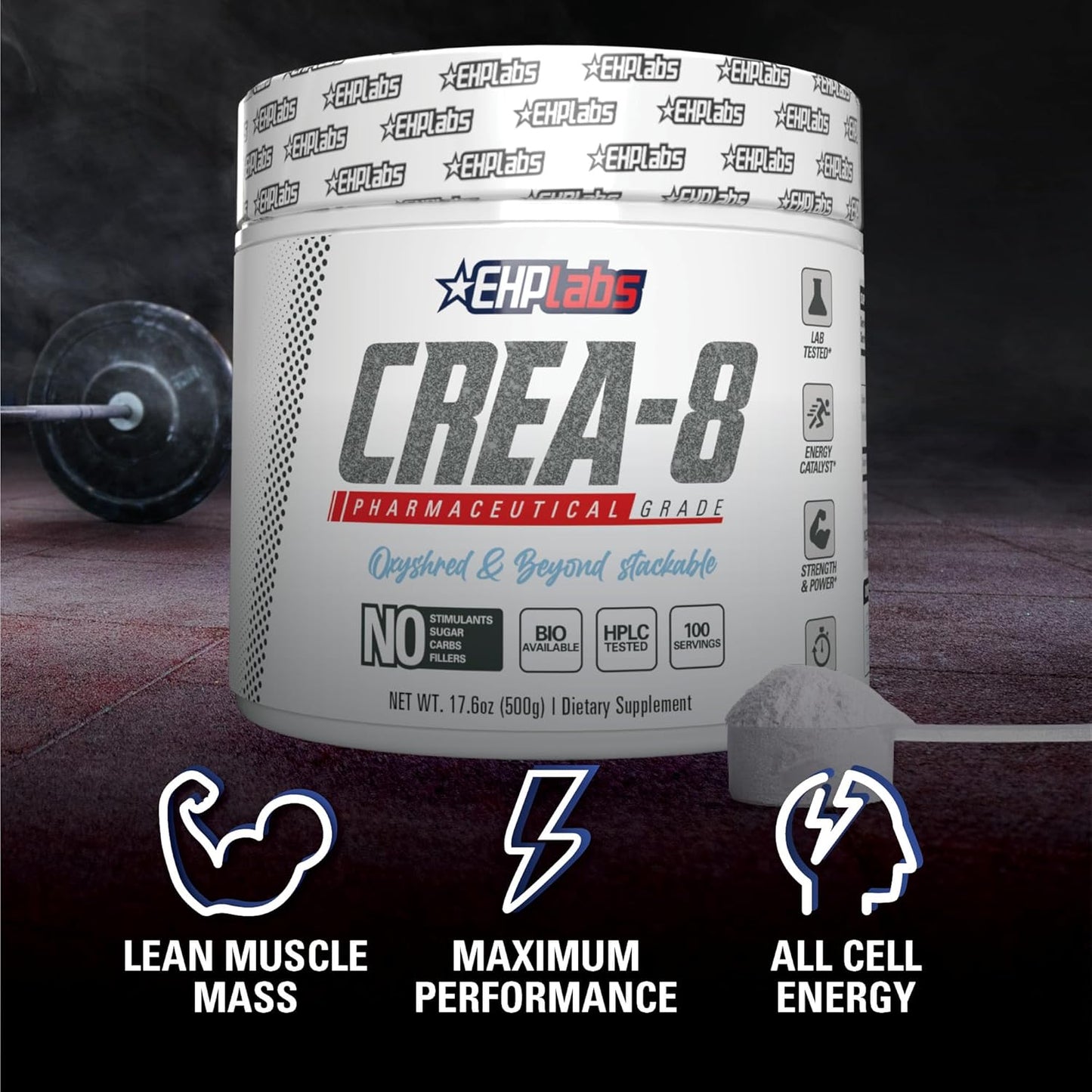 EHP Labs CREA-8 Micronized Creatine Monohydrate Powder - Unflavored, 100 Servings (500g) - Muscle Growth, Strength, Energy, Performance