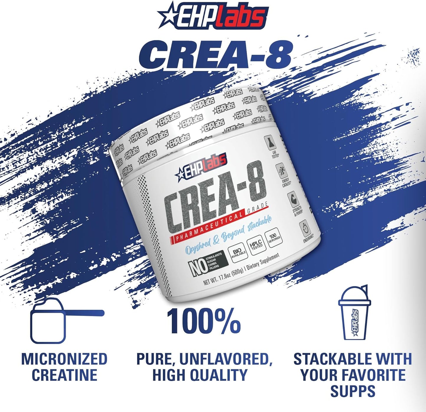 EHP Labs CREA-8 Micronized Creatine Monohydrate Powder - Unflavored, 100 Servings (500g) - Muscle Growth, Strength, Energy, Performance