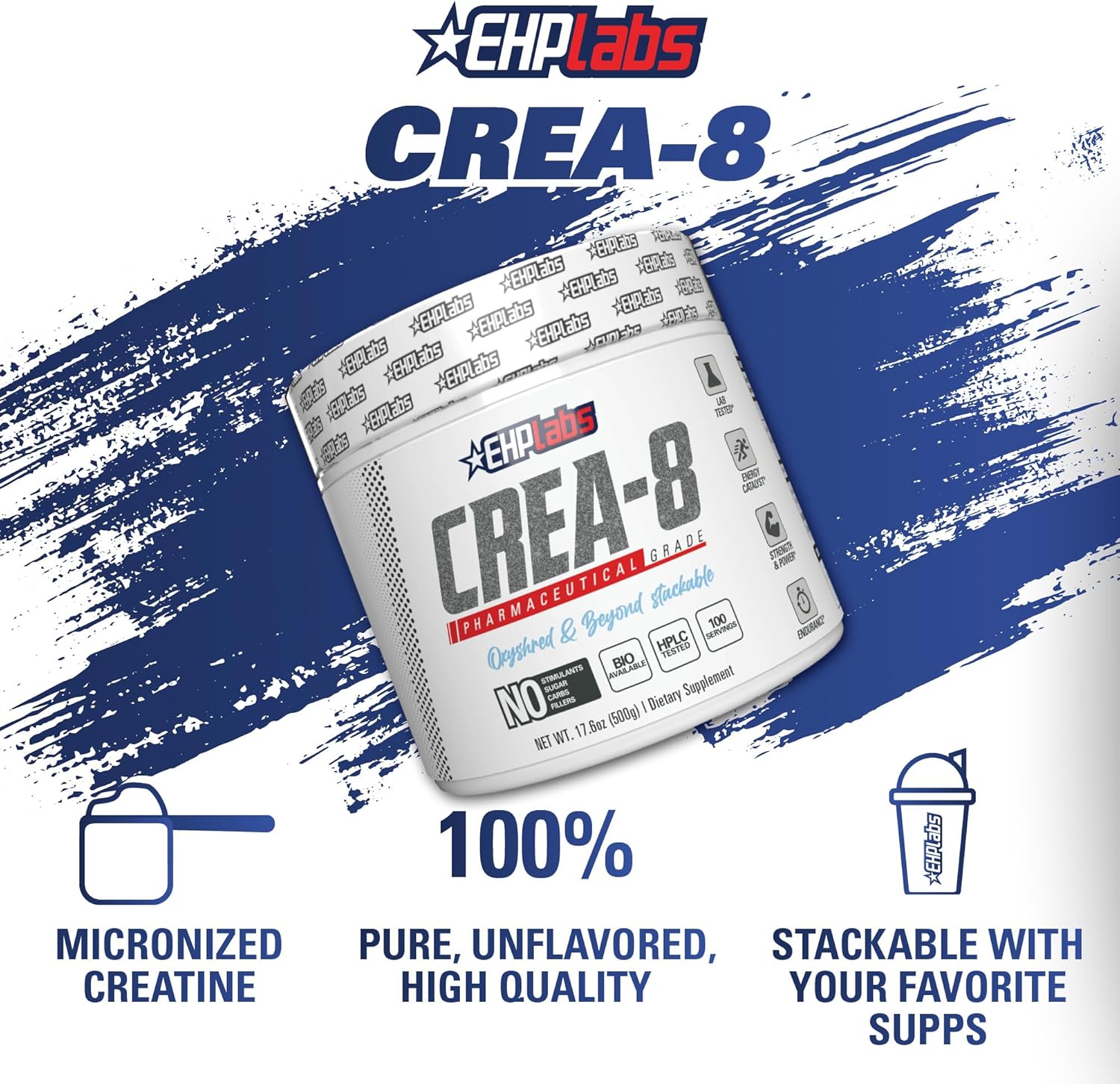 EHP Labs CREA-8 Micronized Creatine Monohydrate Powder - Unflavored, 100 Servings (500g) - Muscle Growth, Strength, Energy, Performance