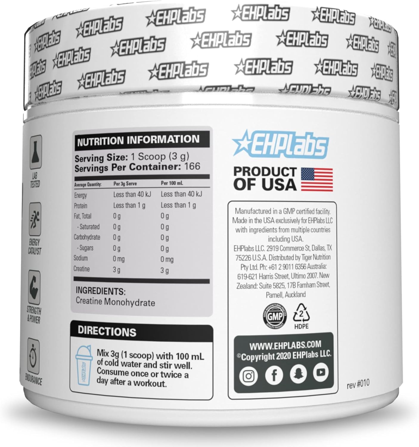 EHP Labs CREA-8 Micronized Creatine Monohydrate Powder - Unflavored, 100 Servings (500g) - Muscle Growth, Strength, Energy, Performance