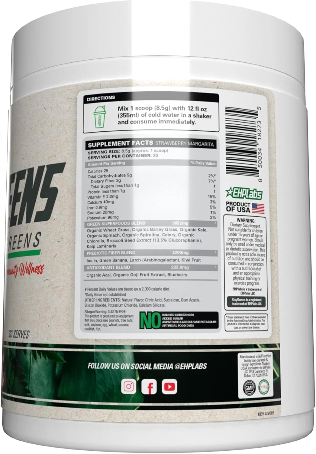 EHP Labs OxyGreens Super Greens Powder - Spirulina & Chlorella Superfood with Prebiotic Fiber & Antioxidants, Immunity Boost - 30 Servings