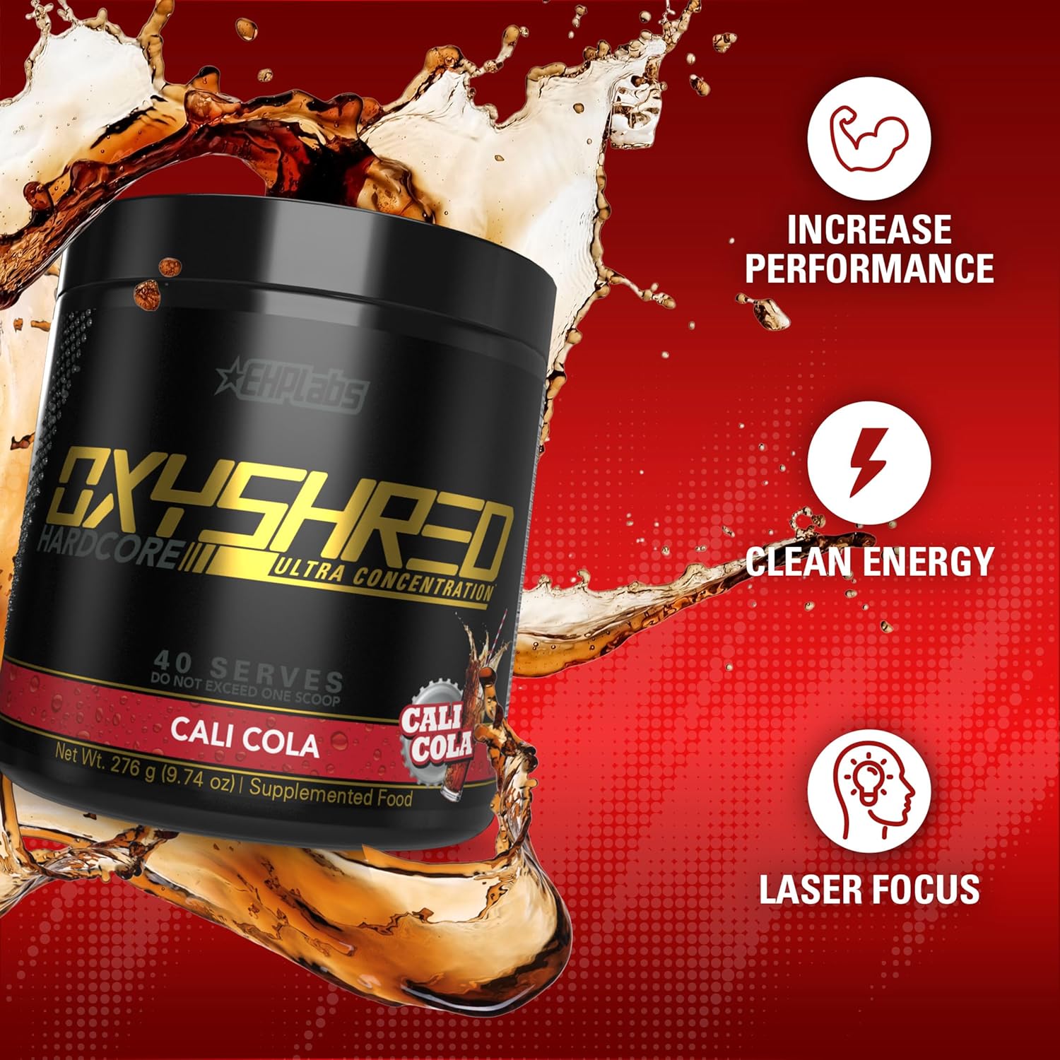 EHP Labs OxyShred Hardcore Pre Workout Powder - High Dose Energy Boost Drink with L Glutamine & Acetyl L Carnitine - Cali Cola Flavor, 40 Servings