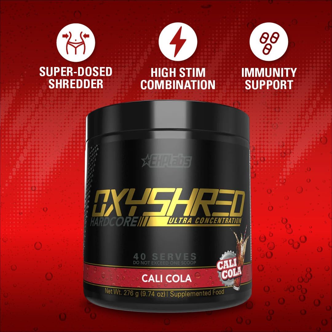 EHP Labs OxyShred Hardcore Pre Workout Powder - High Dose Energy Boost Drink with L Glutamine & Acetyl L Carnitine - Cali Cola Flavor, 40 Servings