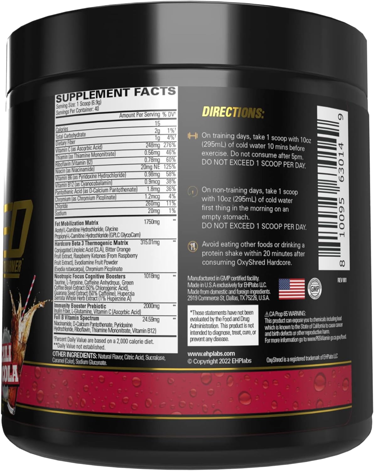 EHP Labs OxyShred Hardcore Pre Workout Powder - High Dose Energy Boost Drink with L Glutamine & Acetyl L Carnitine - Cali Cola Flavor, 40 Servings