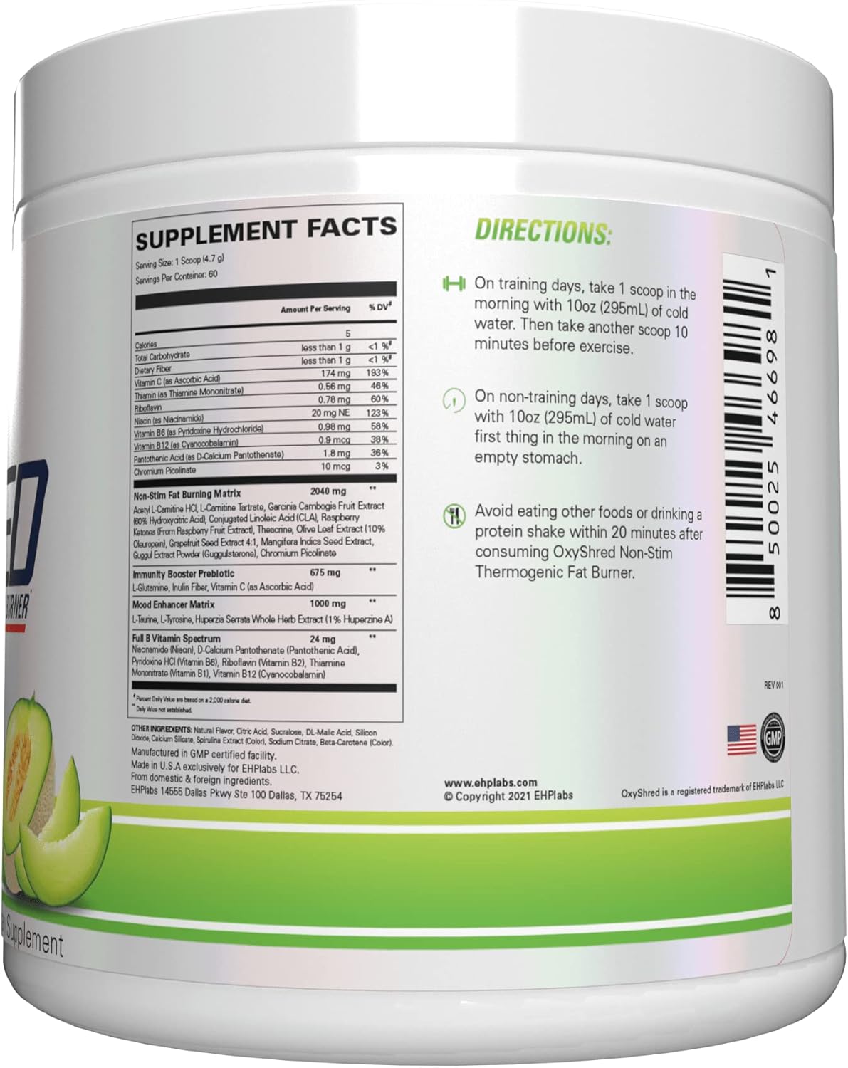 EHP Labs OxyShred Non Stimulant Pre Workout Powder - Honeydew Melon Flavor, 60 Servings, Caffeine Free & L Glutamine for Men & Women