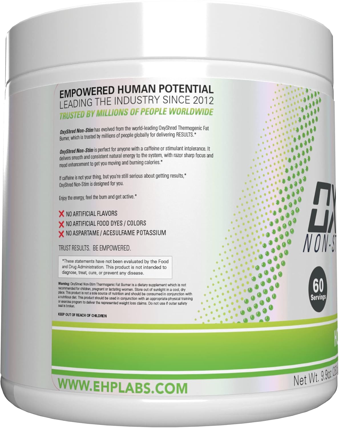 EHP Labs OxyShred Non Stimulant Pre Workout Powder - Honeydew Melon Flavor, 60 Servings, Caffeine Free & L Glutamine for Men & Women