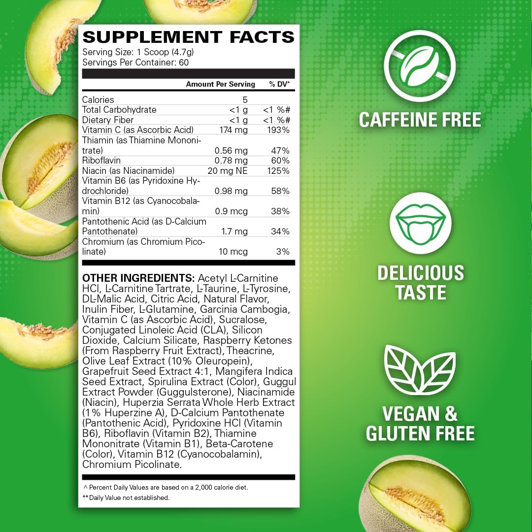 EHP Labs OxyShred Non Stimulant Pre Workout Powder - Honeydew Melon Flavor, 60 Servings, Caffeine Free & L Glutamine for Men & Women