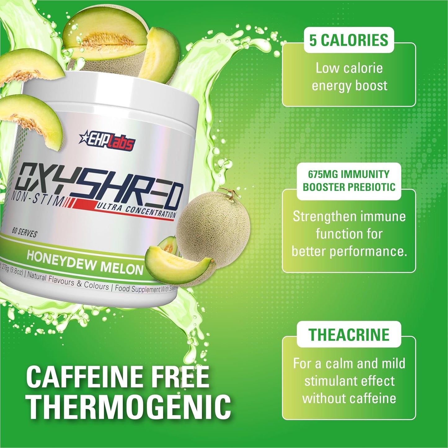 EHP Labs OxyShred Non Stimulant Pre Workout Powder - Honeydew Melon Flavor, 60 Servings, Caffeine Free & L Glutamine for Men & Women