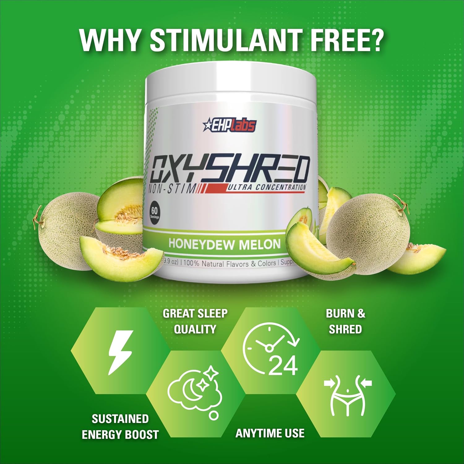 EHP Labs OxyShred Non Stimulant Pre Workout Powder - Honeydew Melon Flavor, 60 Servings, Caffeine Free & L Glutamine for Men & Women