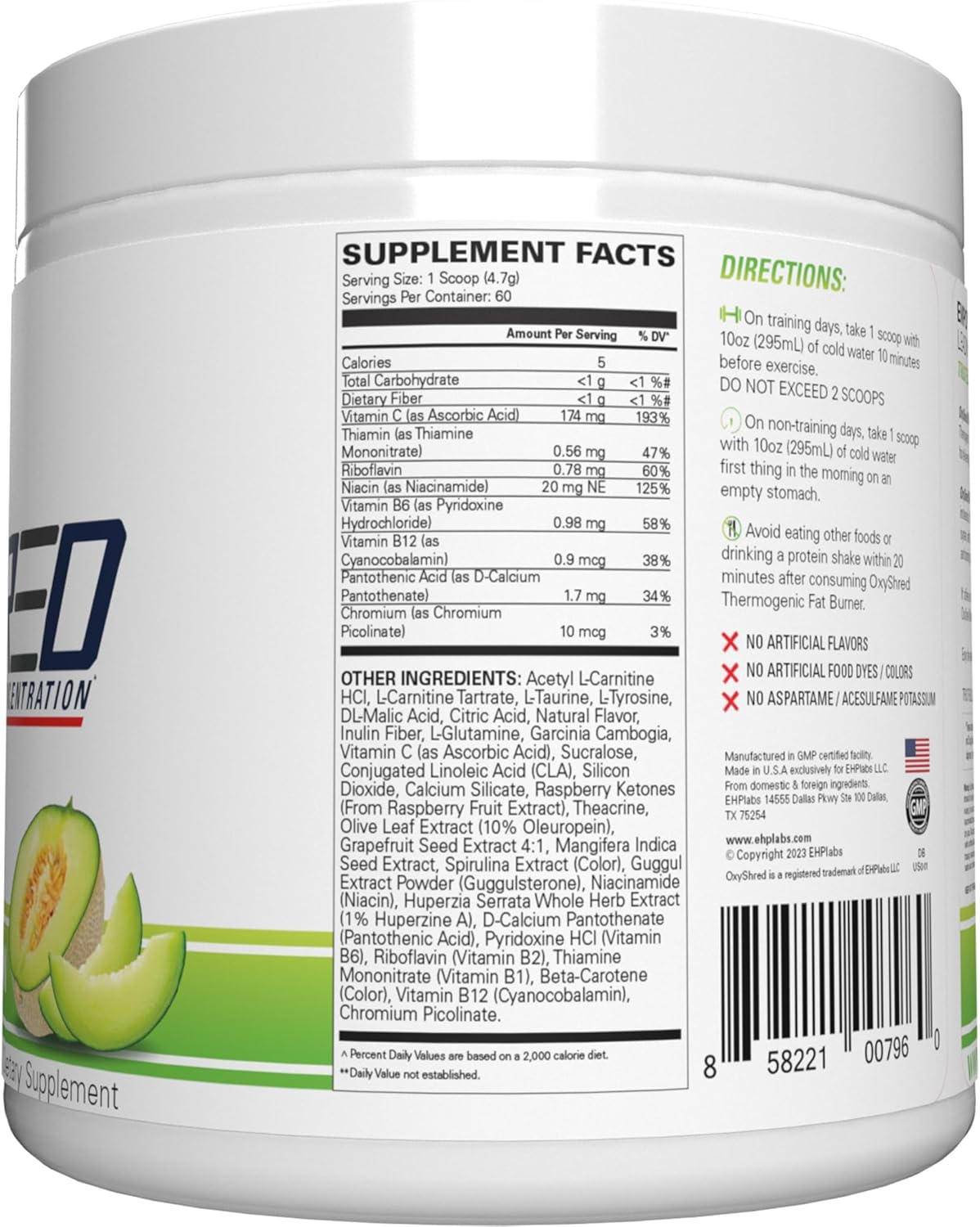 EHP Labs OxyShred Non Stimulant Pre Workout Powder - Honeydew Melon Flavor, 60 Servings, Caffeine Free & L Glutamine for Men & Women